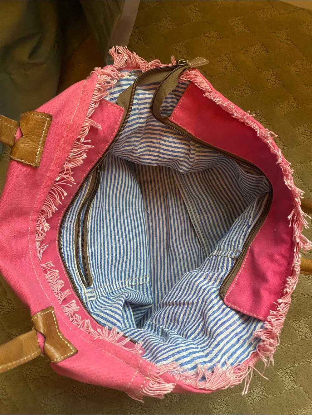 Pink Canvas Tote Bag with Brown Handles - Picture 3 of 3